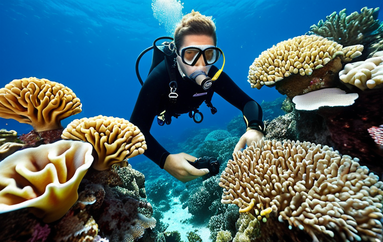 **
A diver underwater, observing bleached coral reefs in the Mediterranean Sea. Emphasize the contrast between healthy and dying coral, with a sense of unease and concern on the diver's face. Use realistic lighting and vivid colors where the coral is still alive.
**